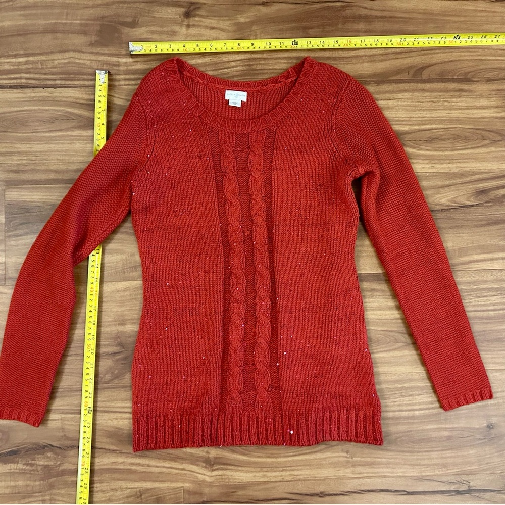 Jaclyn Smith Red Crew Neck Cable Knit Sparkly Sweater
